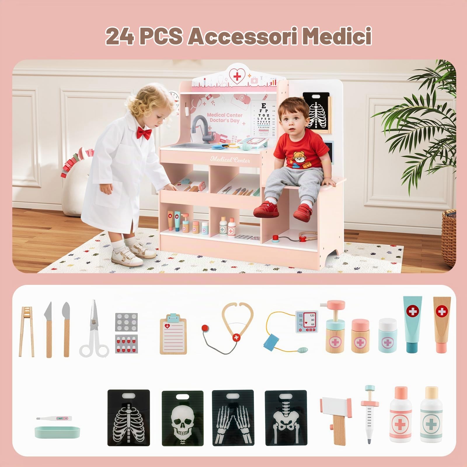 HOMASIS Kit Dottore Bambino in Legno, Kit Medico Bambini con Lavabo, Esame della Vista, Elettrocardiogramma, Orologio e Radiografia, Gioco Infermiere per Simulazione per Bambini da 3+ Anni (Rosa)