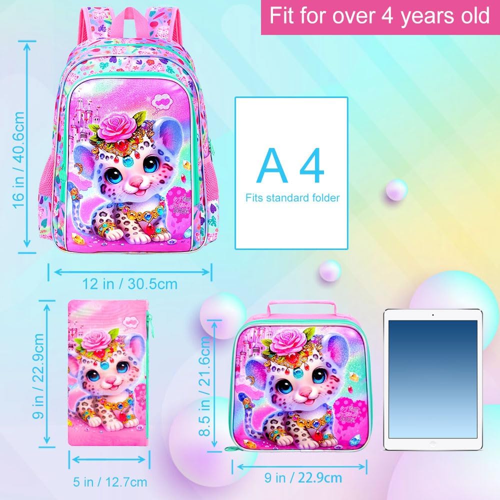 16" Backpack for Girls, 3Pcs Kids Bookbag with Lunch Box，Leopard School Backpacks for Elementary Preschool Kindergarten (Pink)