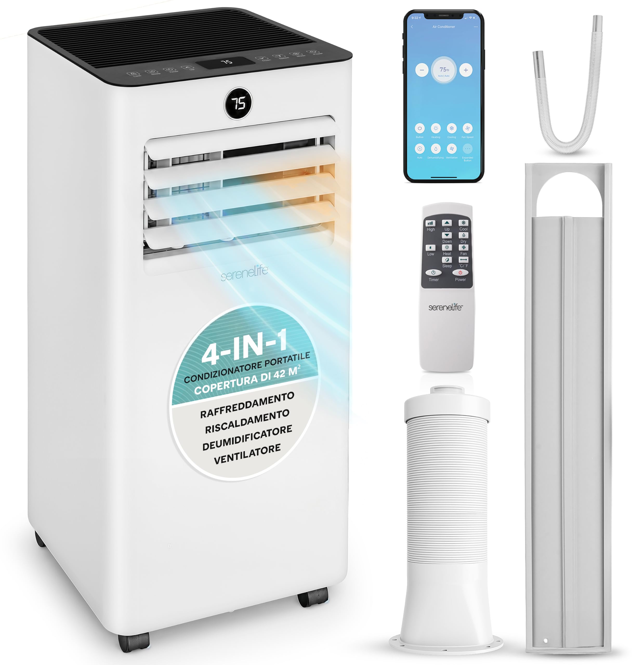 SereneLife Aire acondicionado portátil 7000 BTU, aire acondicionado portátil 4 en 1 con WiFi, refrigeración, calefacción, ventilador y deshumidificador, pingüino aire acondicionado 28 m², hogar