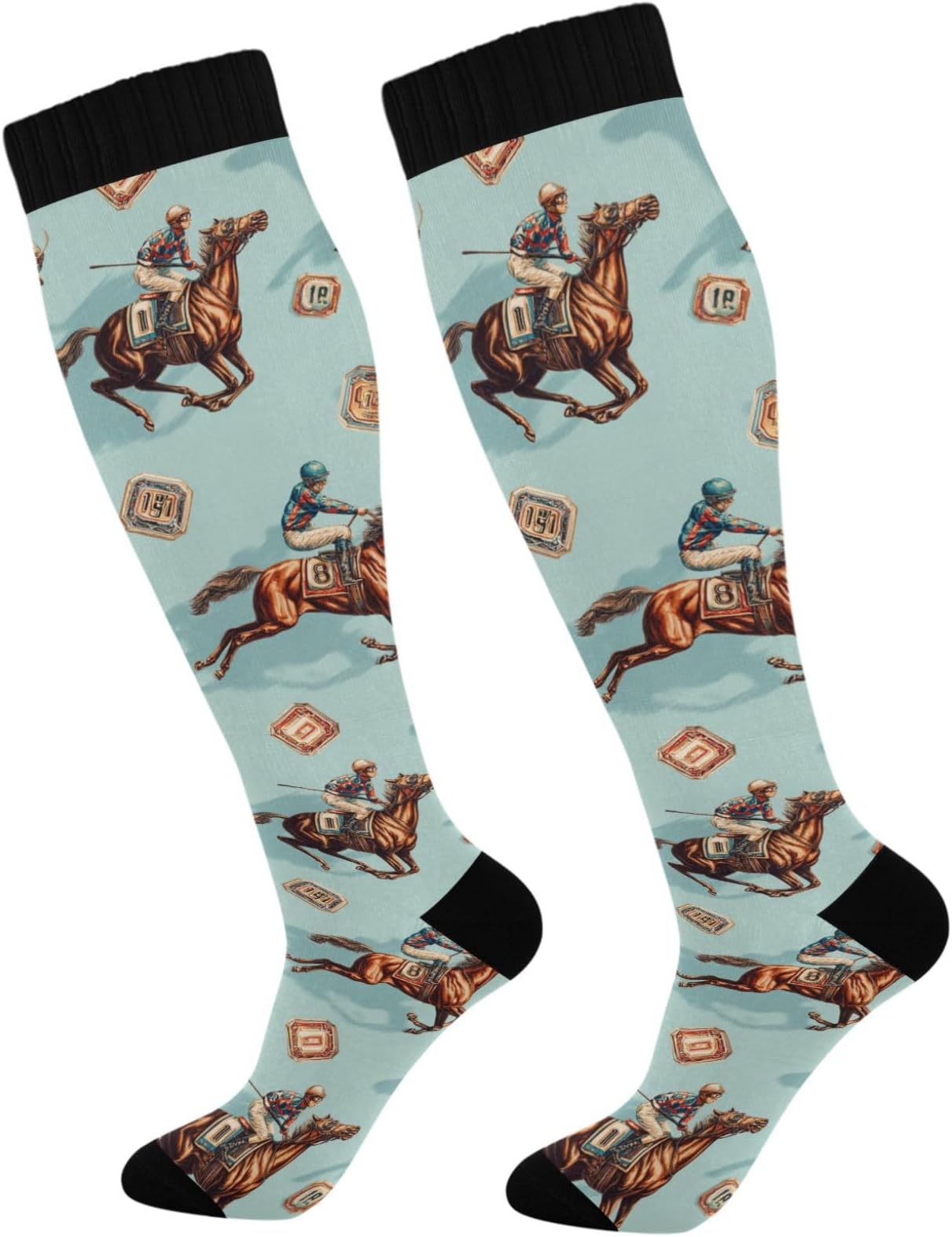 Compression Socks For Women Men Vintage Horse Racing Blue Knee High Socks Athletic Tube Sock Sport Socks For Running Hiking Travel