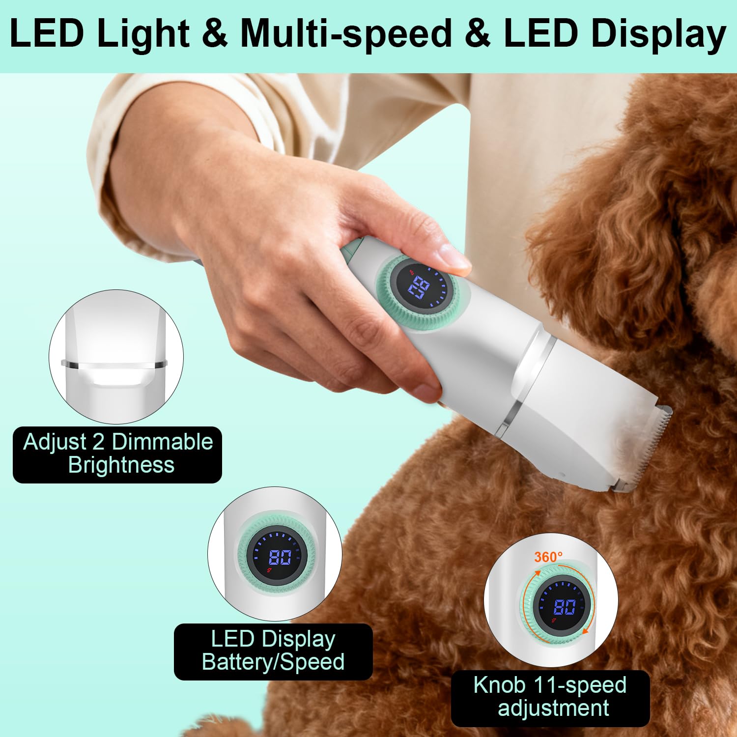 TBTeek Cortapelos para perros con luz LED, kit de aseo inalámbrico 4 en 1, recargable y silencioso, cortaúñas para mascotas, recortador de patas para cuerpo, cara, orejas, uñas