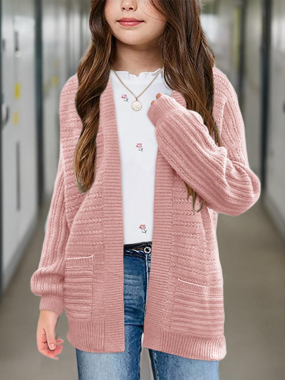 Haloumoning Cardigan per bambine e ragazze, aperto sul davanti, a maniche lunghe, lavorato a maglia, con tasche, 5-14 anni