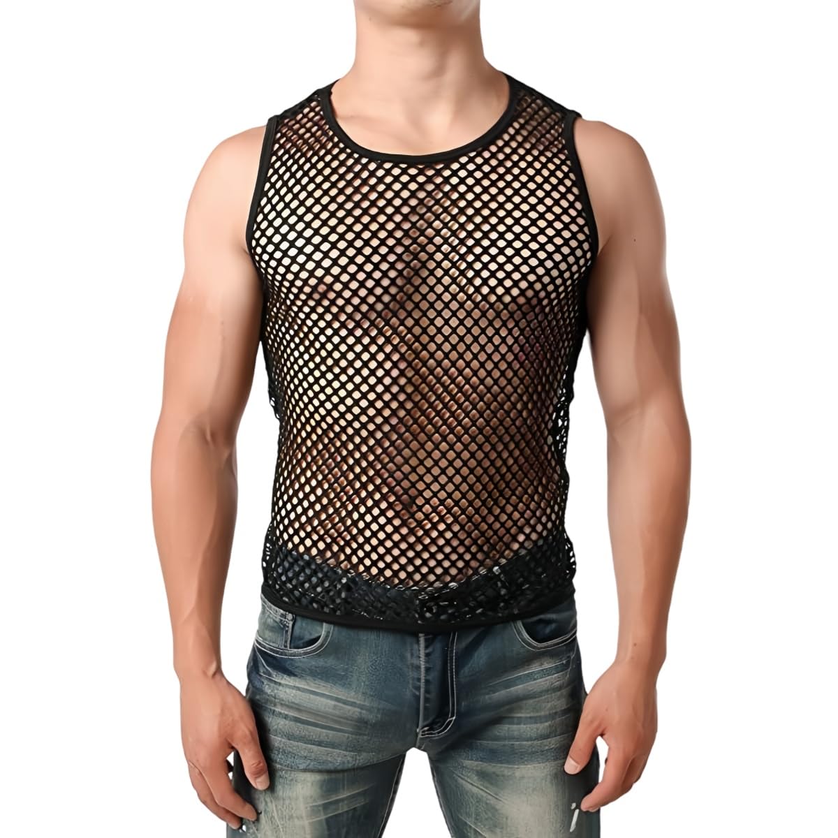 Hybursky Men's Black Fishnet Vest, Sexy See Through Sleeveless Crew Neck Tank Top, Stretch Mesh Fishnet Fitted Muscle Top For Workout, Hollow Out Mesh Undershirt For Gym Sport Novelty Party Clubwear