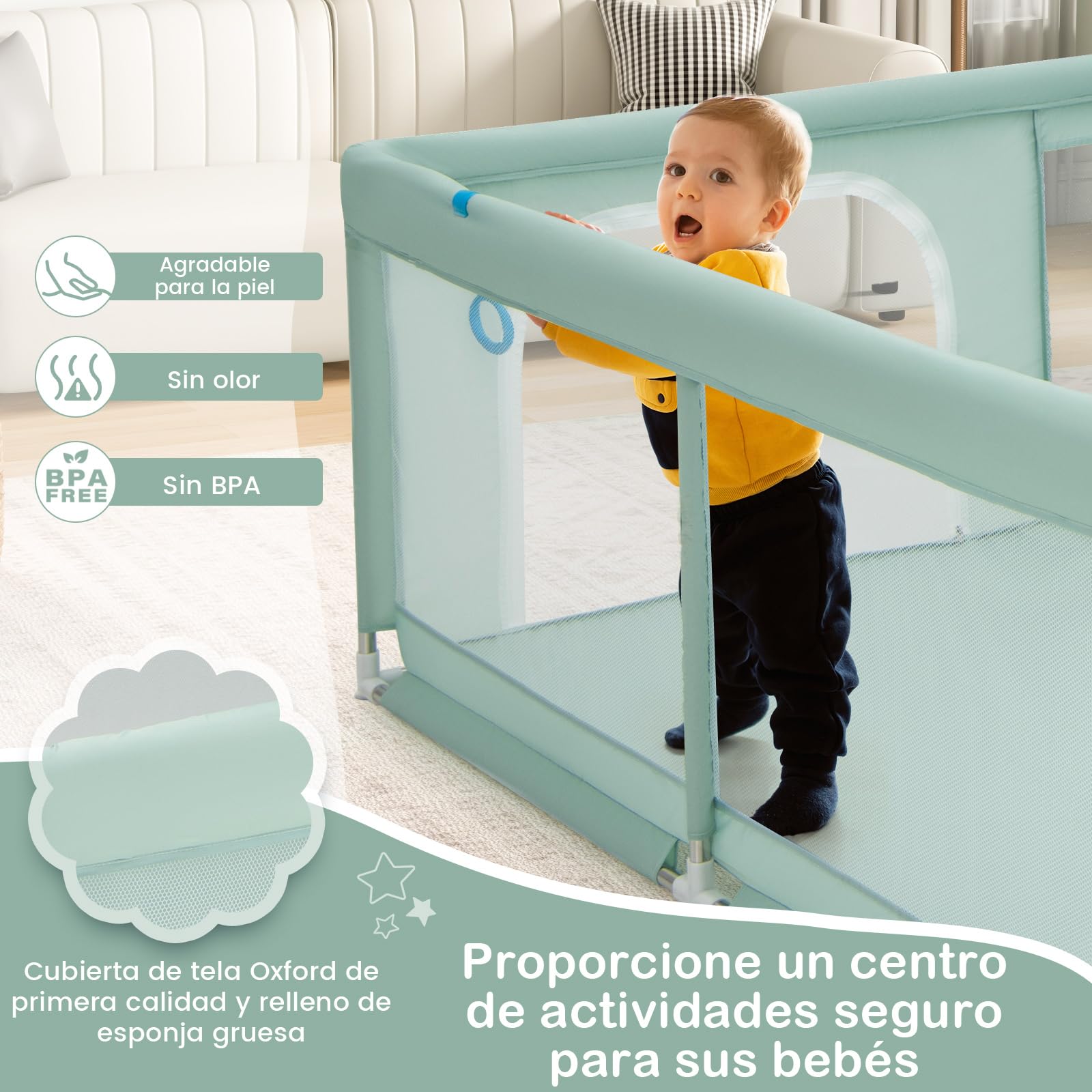 COSTWAY Parque Infantil Bebe 200 x 180 x 68 cm, Corralito Bebe con 50 Bolas, 4 Anillos, Malla Transpirable Suave, Asas, Valla para Bebés con Puerta, Base Antideslizante (Verde)