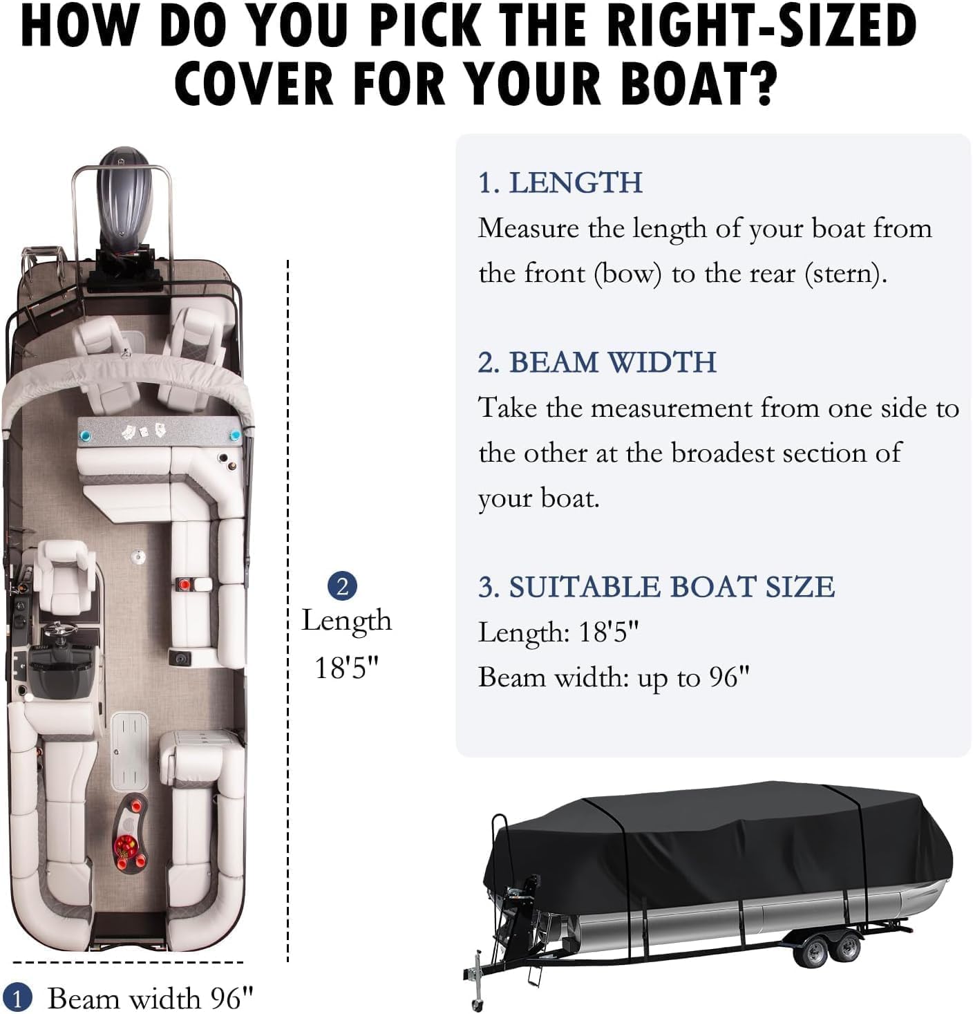 heavy duty 900d pontoon boat cover, 16'-18'5'' marine grade waterproof cover with adjustable windproof tightening strap & anti-uv for suntracker party barge/sportfish/fishing barge s (fit for 16'-18'5'')