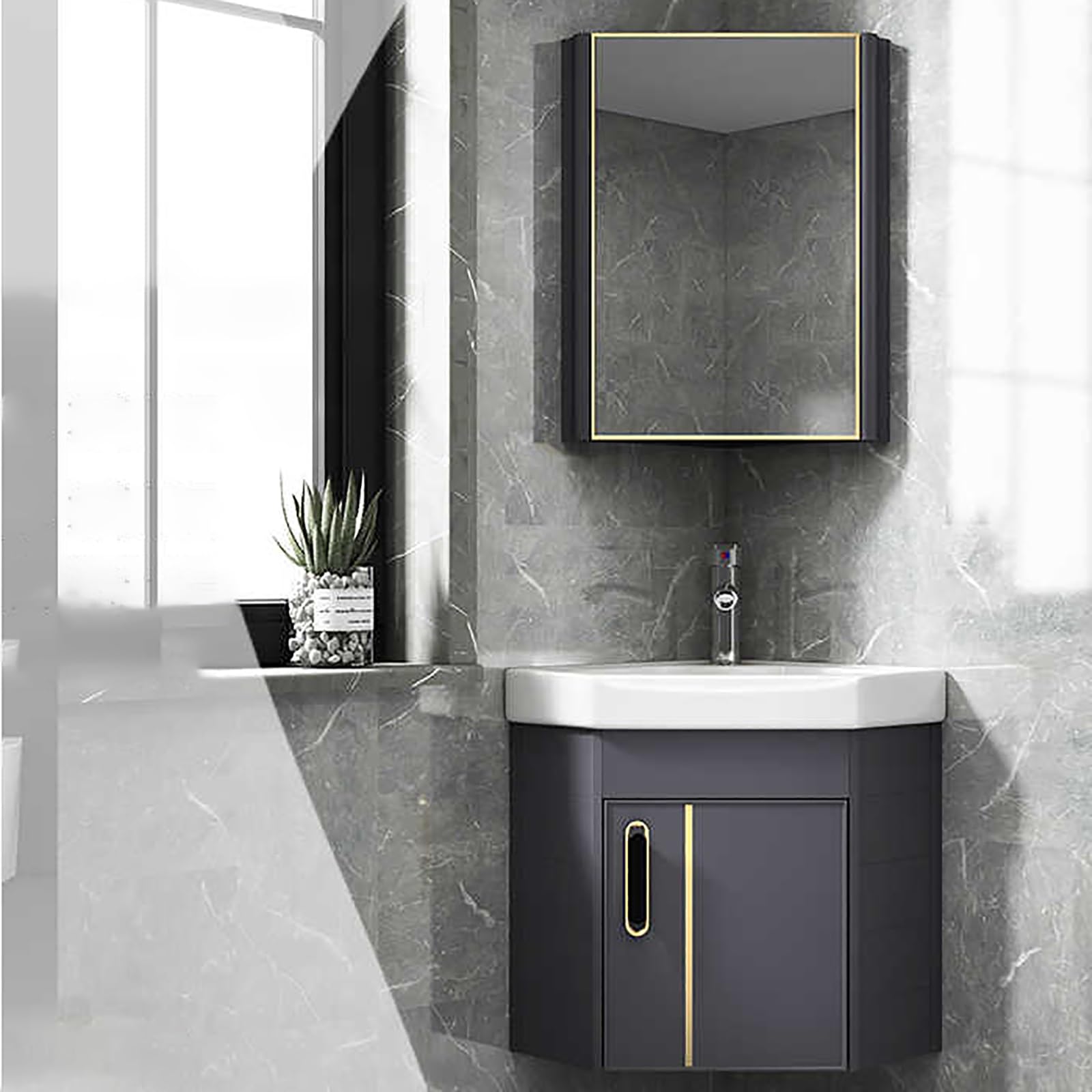 DFGHNBVC Wall Mounted Corner Bathroom Vanity With Sink, Mirror Cabinet, And Aluminum Alloy Frame - Space-Saving Solution For Modern Bathrooms,Grey-42Cm