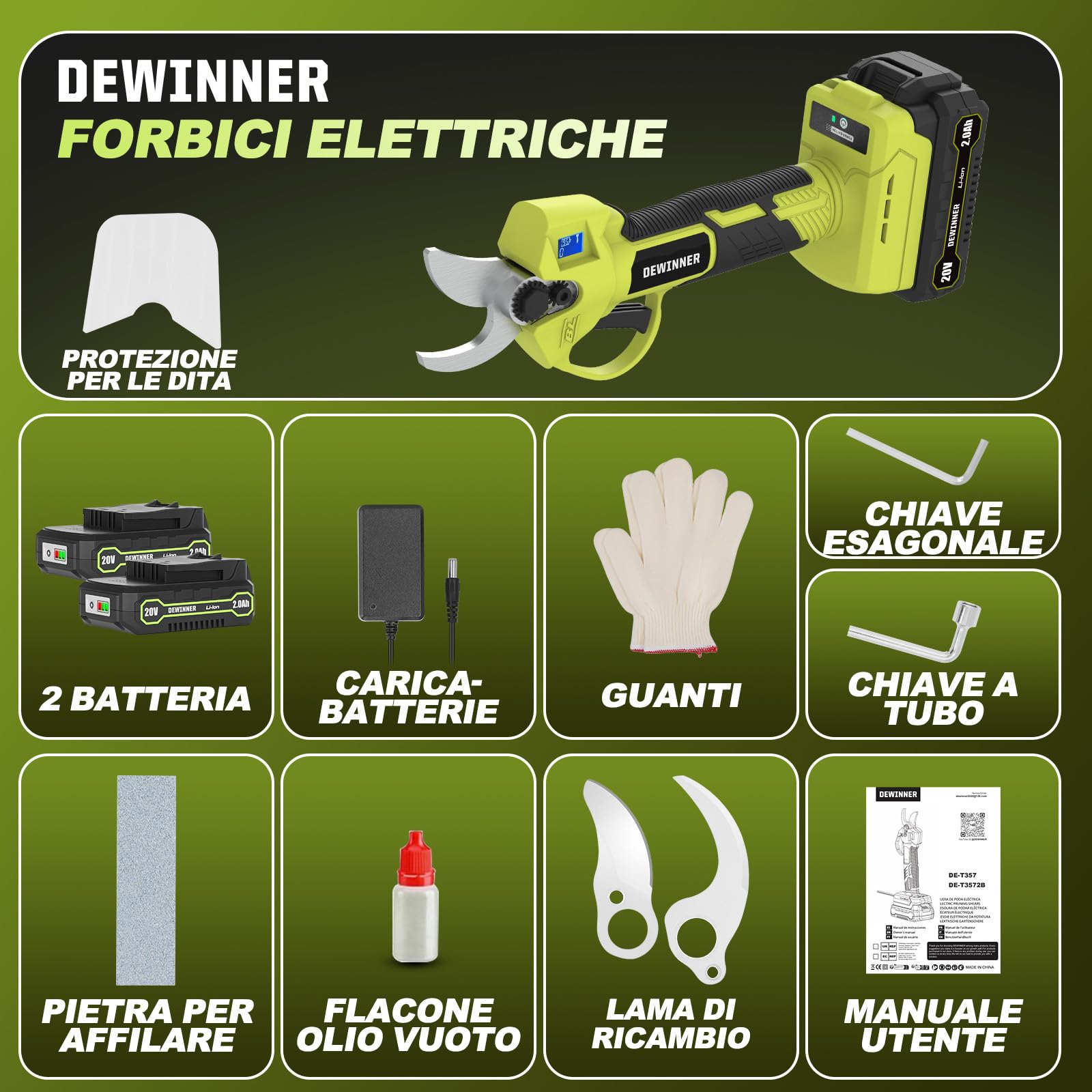 DEWINNER Forbici Potatura a Batteria Brushless 200W, Lama SK5, LCD Display, 2x2000mAh Batterie, 25mm Diametro Regolabile, Cesoie Elettriche Senza Fili per Alberi, Fiori, Frutteti, Giardino