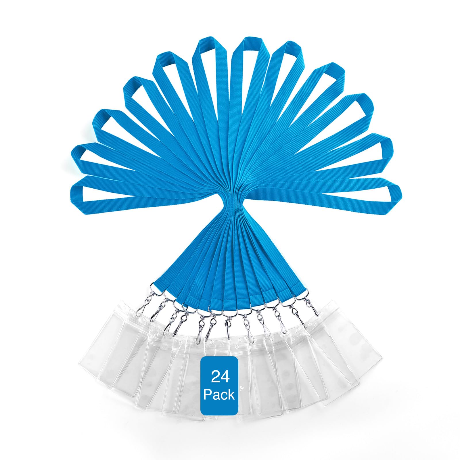 24-Pack Sky Blue Lanyards with Waterproof Badge Holders, Polyester Neck Straps for ID Cards, Events, Office, and Schools