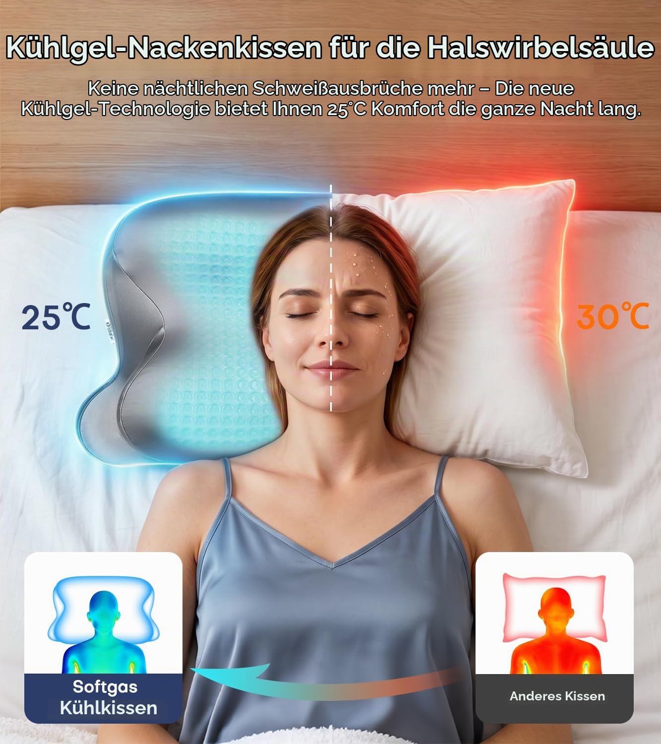 Kopfkissen, Memory Foam Gel Nackenkissen, Seitenschläferkissen & Schmetterlingskissen für Seiten, Rücken & Bauchschläfer