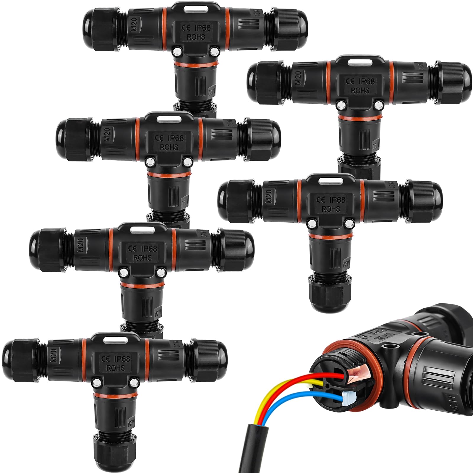 Pack of 6 3-pin cable connectors, waterproof IP68, T-shape cable connector, waterproof 3-pin earth cable connection sleeve for diameter 3-12 mm cable diameter, 2-way waterproof junction box for