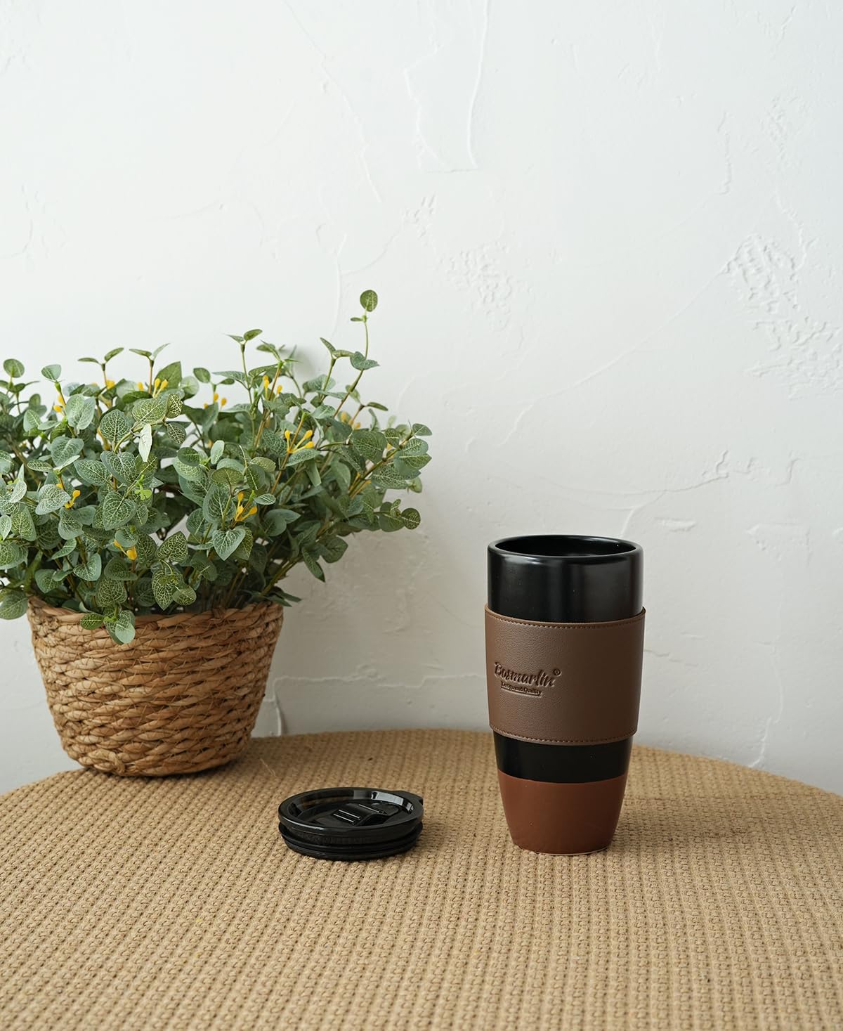 Bosmarlin Ceramic Travel Coffee Cup with Lid, 21 oz, Portable Coffee Mug for Car Cup Holder, Microwave and Dishwasher Safe, Reactive Glaze (Black)
