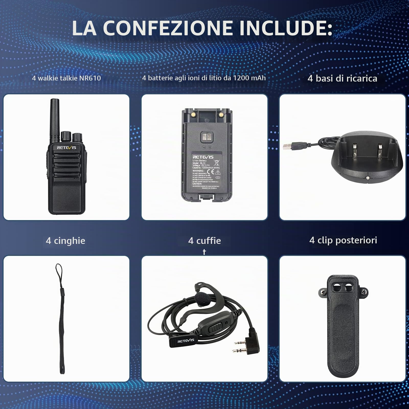 Retevis NR610 Walkie Talkie, AI Cancellazione del Rumore, VOX Walkie Talkie con Auricolari, PMR446, 1200mAh Ricetrasmittenti Professionali Ricaricabili USB-C per Ristorante (4 Pezzi, Nero)