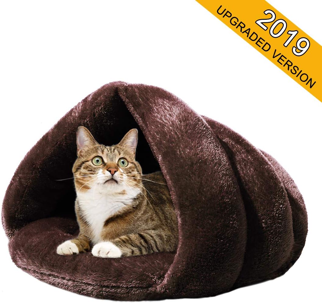 Mojonnie Soft Warm Cat Bed for Winter Cat Tent Self-Warming Sleeping Bed for Cats Fleece Pet Cave Bed for Winter Pets Puppy Indoor Pet Triangle Nest (Dark Brown)