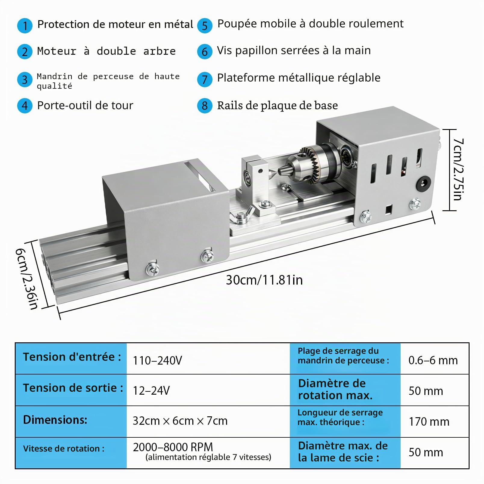 Mini tour à bois 125W, machine à tourner, tour à bois 2000-8000 tr/min, réglage à 7 vitesses, mini tour à bois, machine à fraiser et à tourner, découpe, polissage, pour les bricoleurs, travail du bois