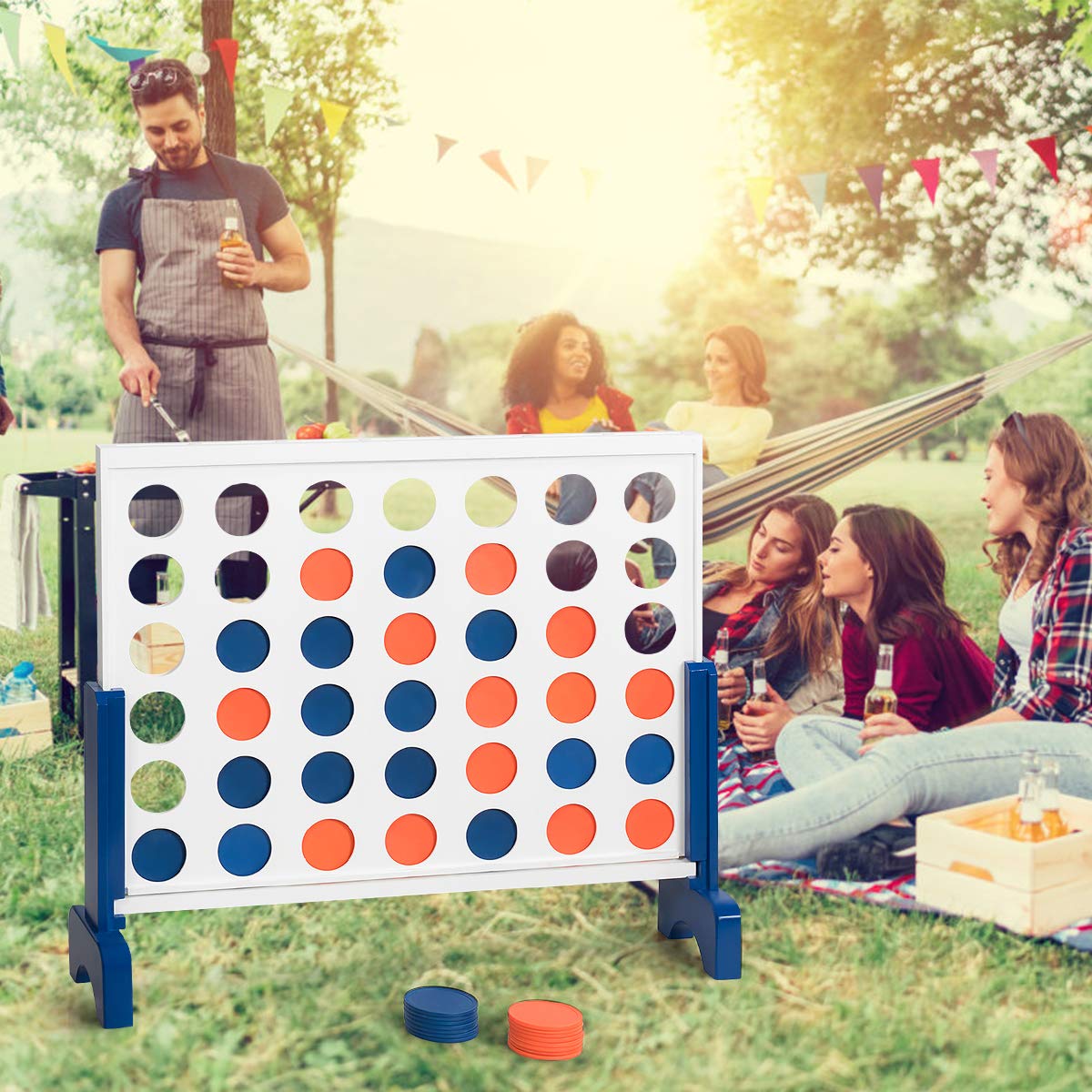 LUARANE Giant 4 in a Row Game, Jumbo Four Row Connect Board Game Set w/Handbag, Pine Legs, 3.5" Chess Piece, Wooden Frame, 4-to-Score Game Set for Family Parties Outdoor Indoor Activity (White)