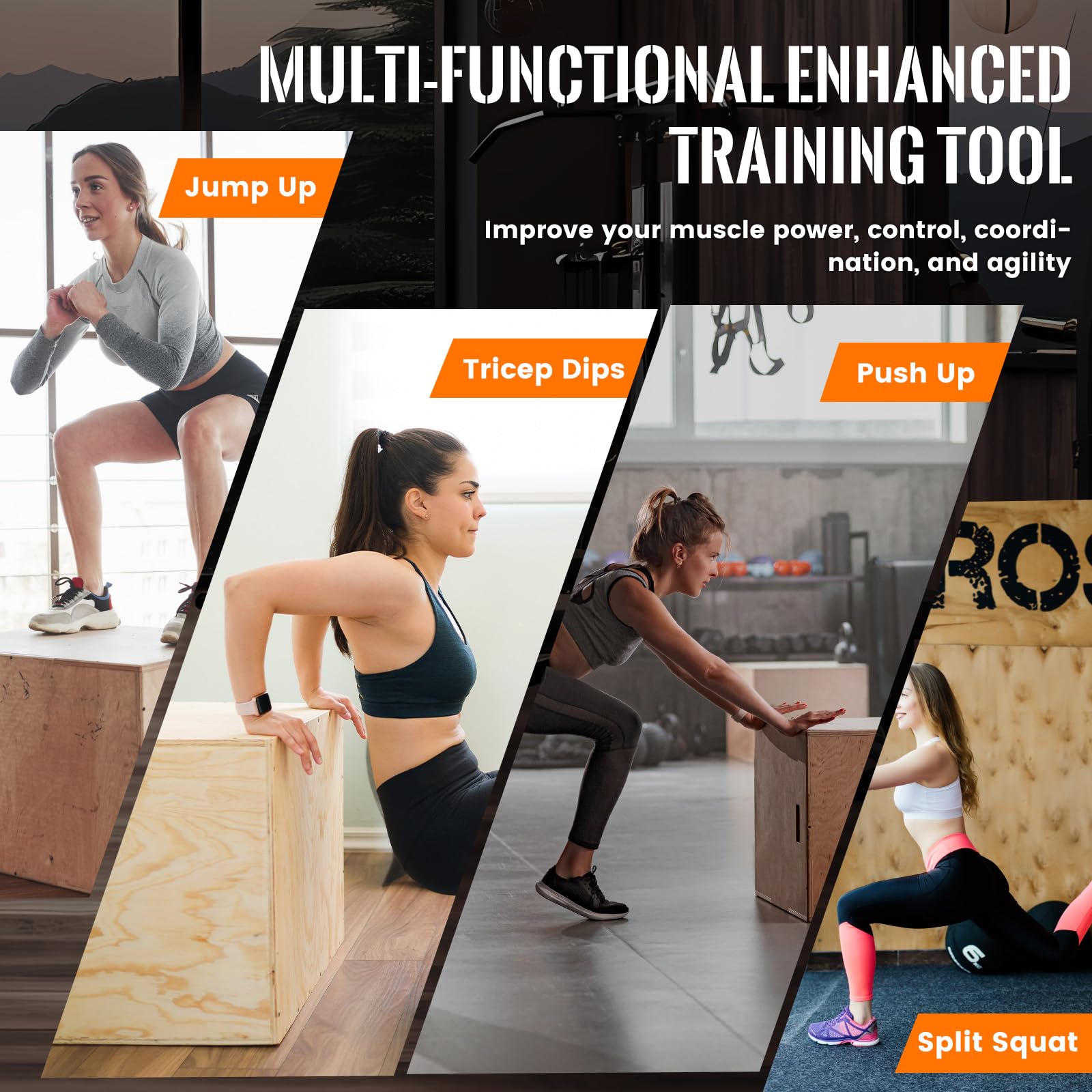 CAELUM Caja pliométrica de madera 3 en 1 – Caja de salto pliométrica antideslizante para el hogar y el gimnasio, caja de lanzamiento de fitness con rodamientos de 400 libras para saltar, sentadillas