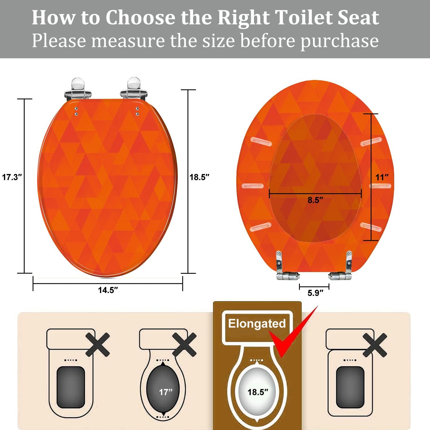 Elongated Toilet Seat Orange Yellow Triangle Pattern Seamless Colorful Rhomb Resin Toilet Seat Quietly Close Quick Release Hinges with Cover Bumpers Decorative Easy to Install Clean