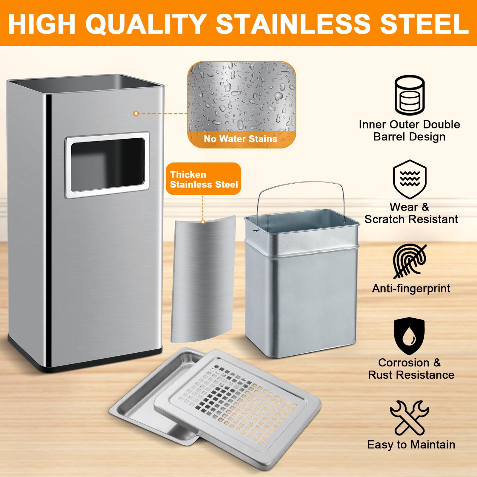 Garvee Papelera cuadrada 30L de acero inoxidable – Tapa hermética, cubo interior extraíble y base antideslizante – Resistente al óxido y fácil de limpiar – Para cocina, oficina, restaurante o exterior