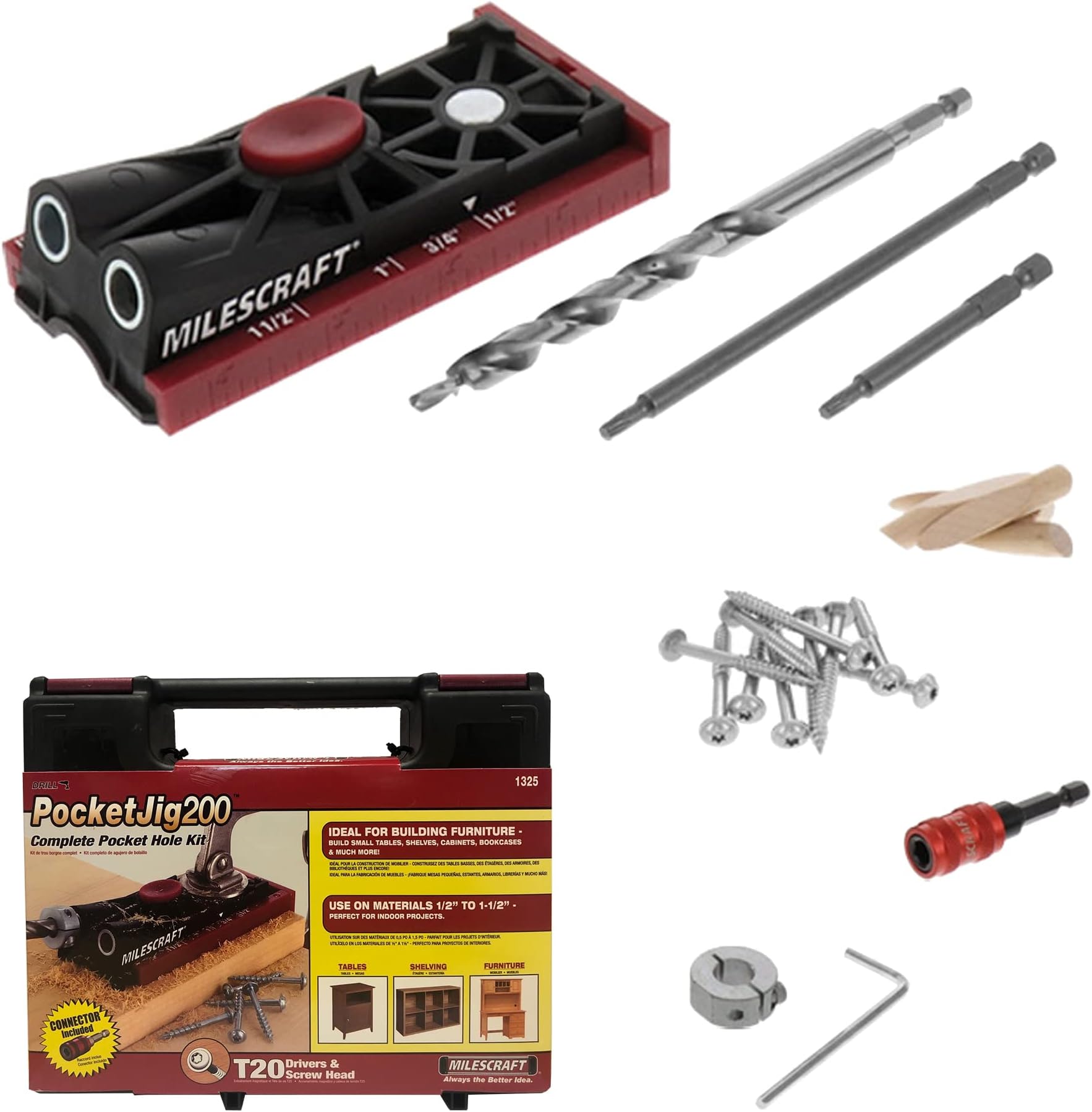 1325 Pocket Jig 200 - Complete Double/Twin Pocket Hole Jig Kit System. Easy to use, pocket hole drill guide, screw jig with all accessories.