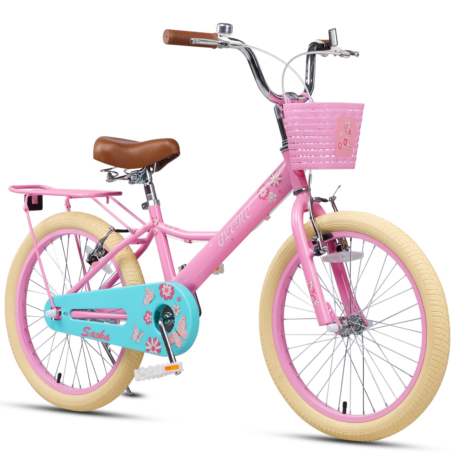 Glerc 20 Inch Girls Kids Bike for Children Ages 7 8 9 10 11 12 13 Years with Kickstand & Rear Carry Rack & Basket, Pink — image 1