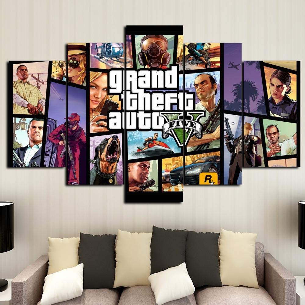 5 Panel GTA 5 Game Canvas Printed Posters Painting for Living Room Wall Art Decor Hd Picture Artworks Modern Decorative Poster(with Frame Size)
