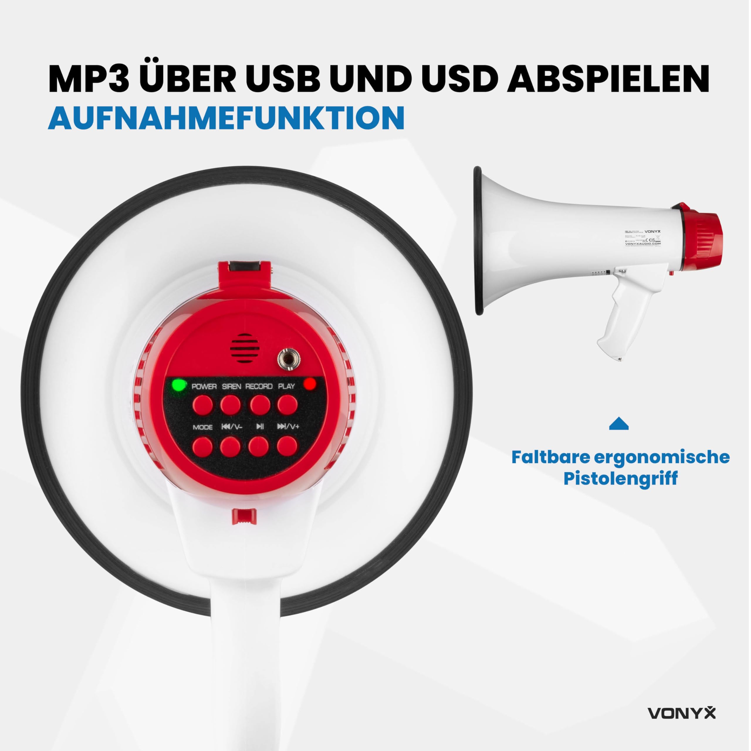 Vonyx MEG045 - Akku Megaphone mit Sirene und Mikrofon, inkl. 2X Akkus, Bluetooth, Aufnahmefunktion, 45 Watt Megafon, bis 1000 Meter Reichweite, Megaphon mit Umhänge-Gurt, MP3, USB, SD, Weiß/Rot