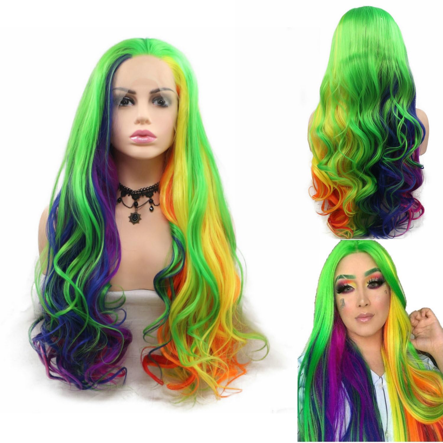 Long Rainbow Wigs 7 Color Synthetic Lace Front Wigs for Women Pastel Green Yellow Blue Orange Peach Pink Streak Colorful Wigs Bright Piano Mixed Mermaid Drag Queen Wigs Long Wavy 26"