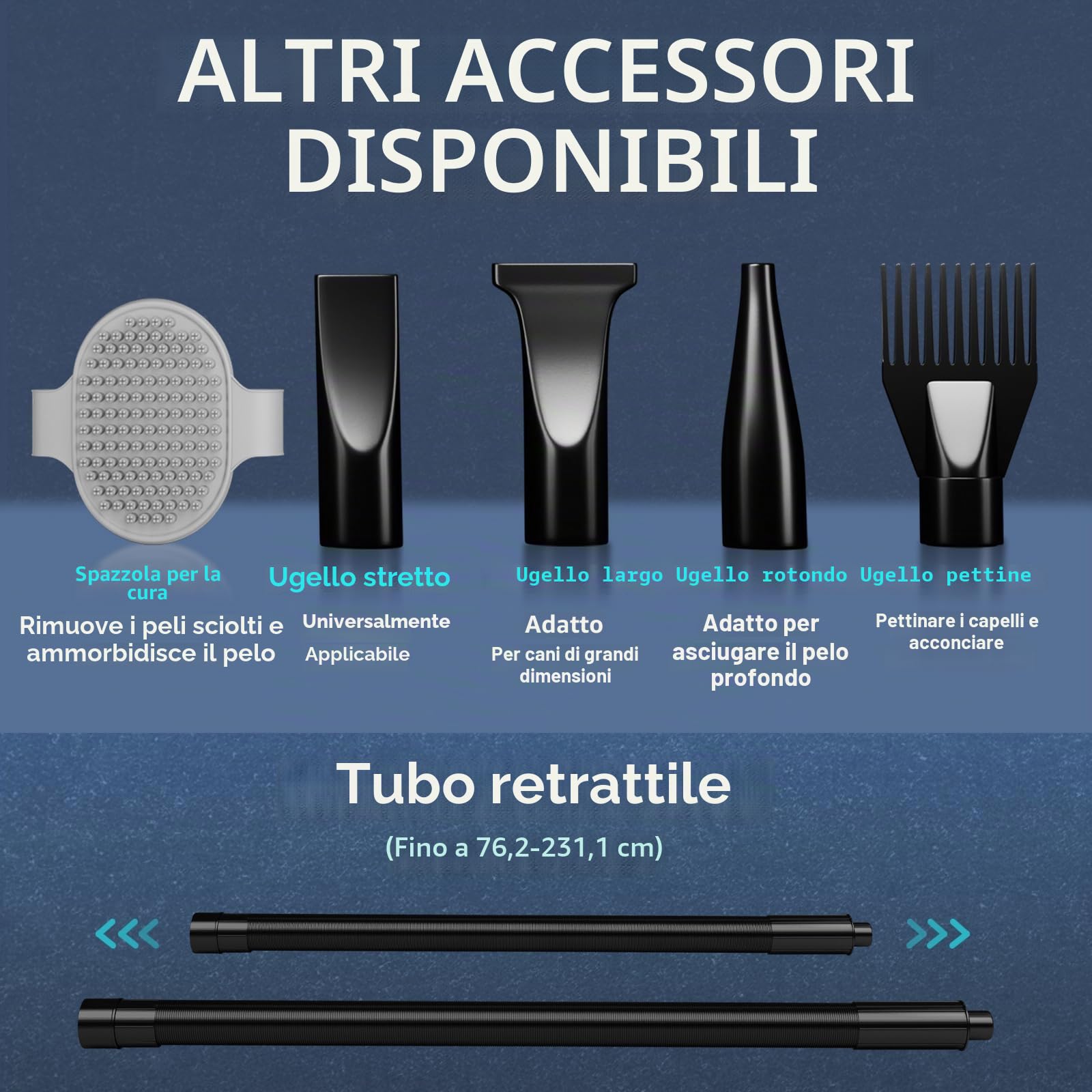 Soffiatore per Cani Blower Molto Silenzioso, 5,2 CV/3800 W, velocità Regolabile, Ventilatore per la Cura del Cane con 4 Diversi ugelli, Tubo Elastico e Spazzola per la Cura (Nero)