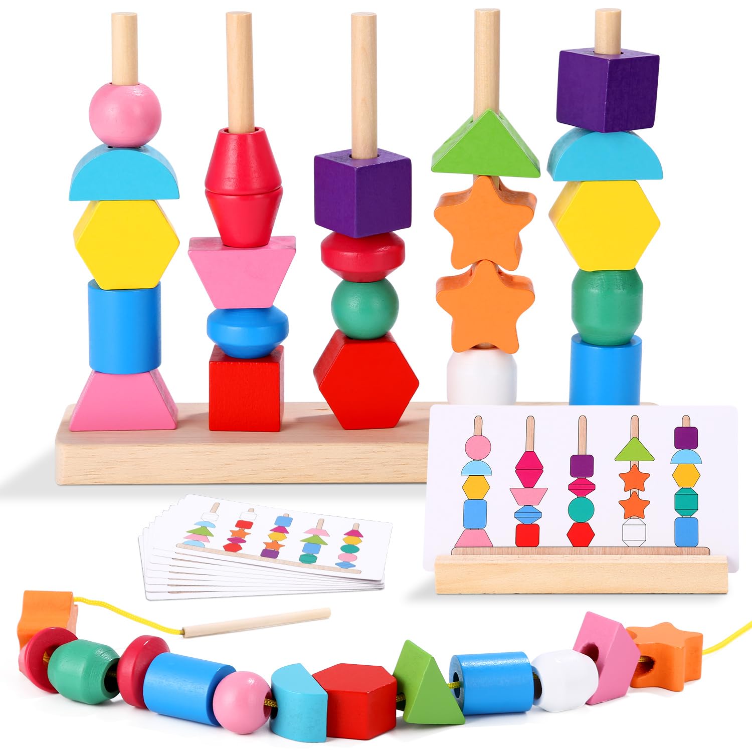 Montessori Juguetes Madera,2 en 1 Juguete Educativo de Madera 3 4 5 Años Puzzles Cuentas de Madera Juguete de enhebrar Juguete Apilable Rompecabezas Madera Juegos Educativos Regalo para Bebés Niños