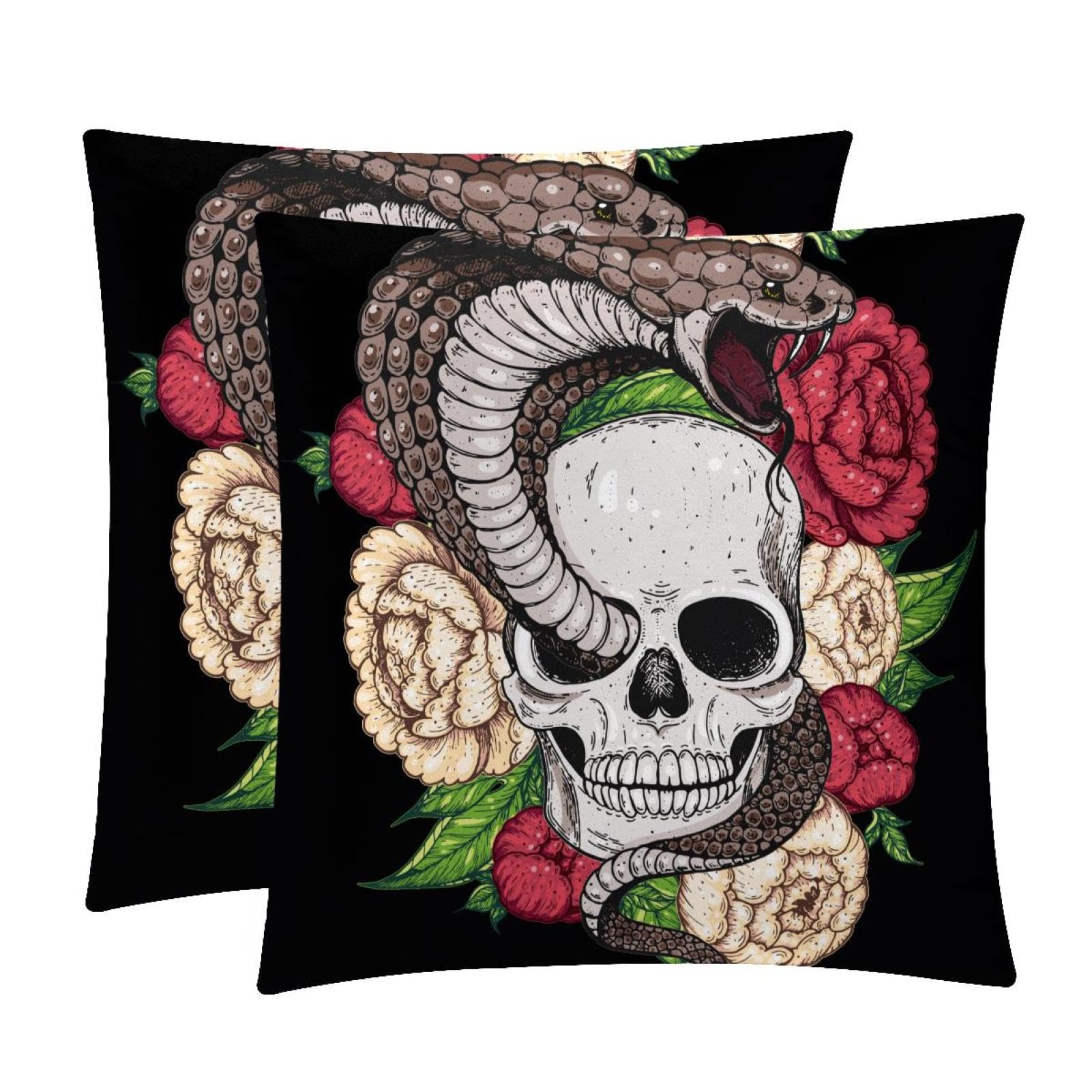TDGKPZ Skull Snake Flowers Throw Pillow Covers 2 Pack Pillowcases Soft Cozy Pillow Cases For Couch Bed Sofa 45x45cm