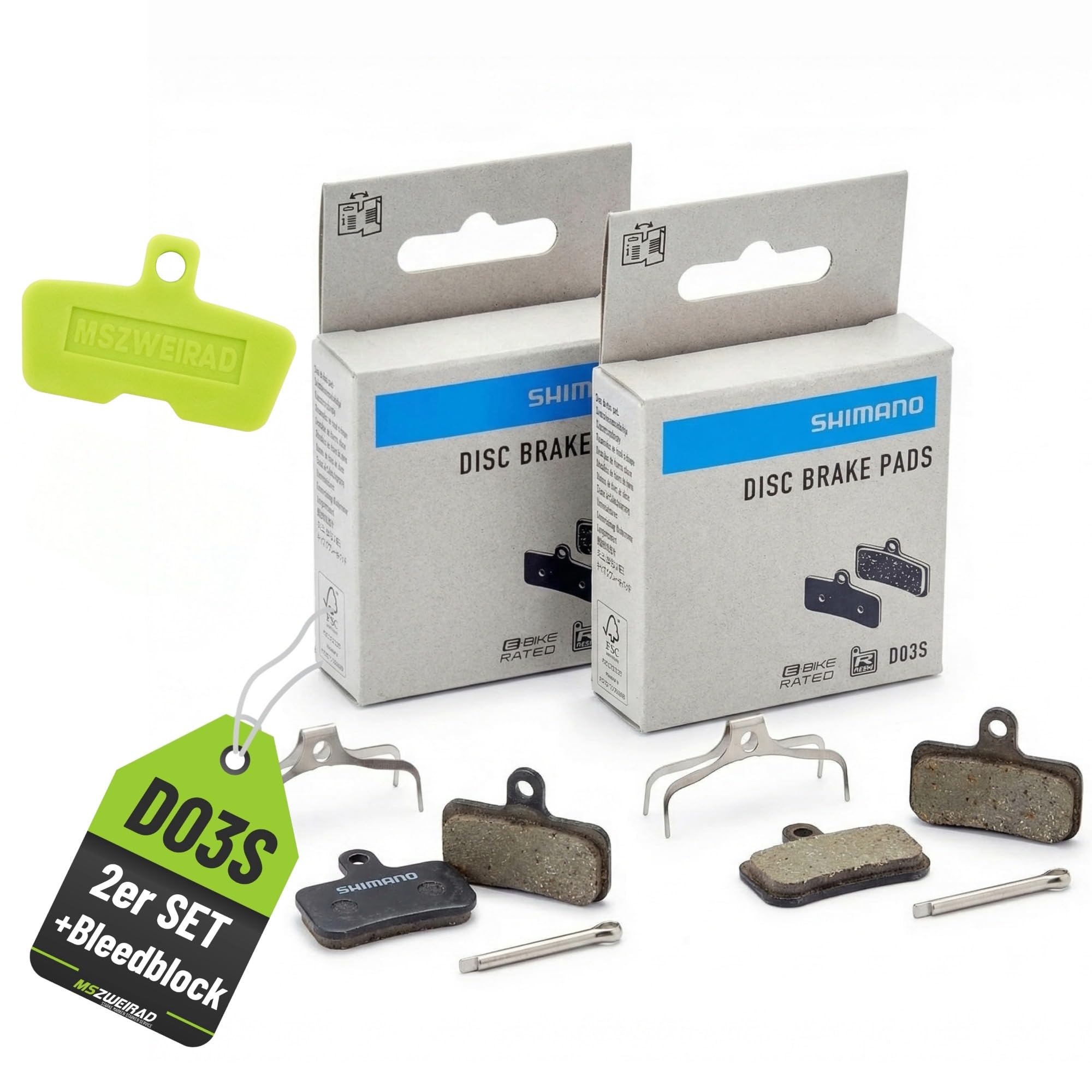 2er Set Shimano Bremsbeläge D03S (Doppelpacks) kompatibel mit BR-MT420, MT520, M6120, M8020, M8120 u.v.m. – inkl. MSZweirad Bleed Block – Resin Disc Brake Pads