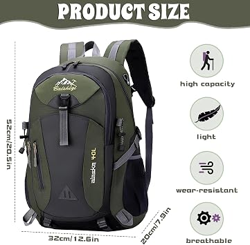 Lightweight Hiking Backpack 40L Polyester Travel Trekking Backpack for Women Men Outdoor Sports Camping Climbing Skiing Cycling, Green, L