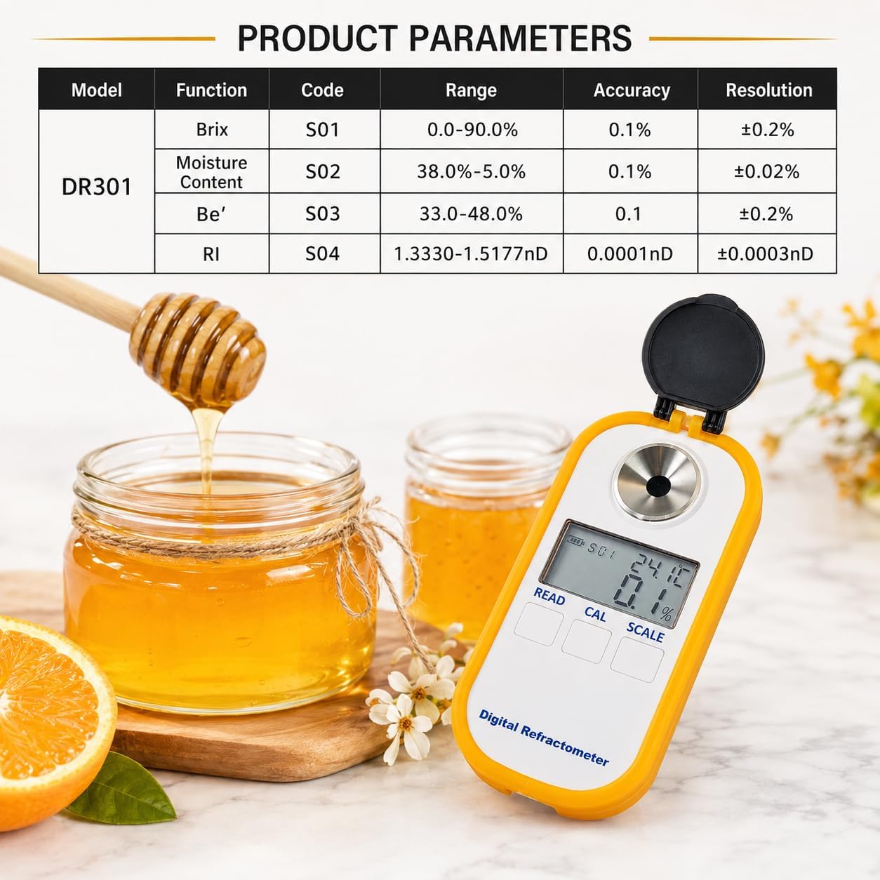 Rifrattometro digitale per miele, misuratore Brix, umidità e Baume 3 in 1