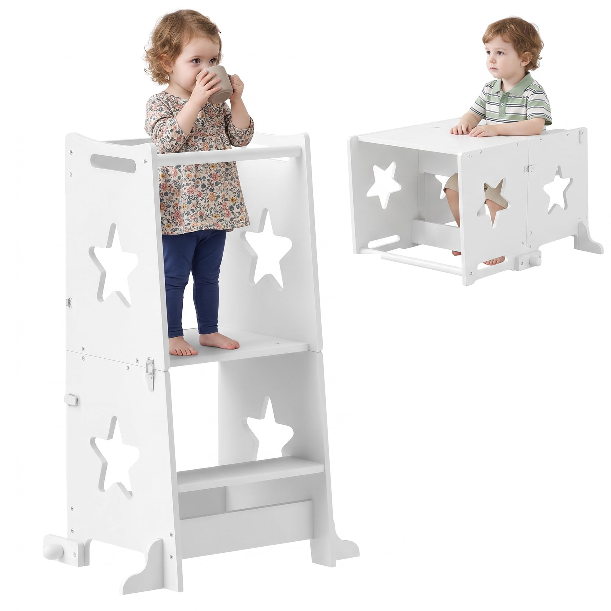 AIYAPLAY Toddler Step Stool with Safety Rail - White - 440mm x 610mm