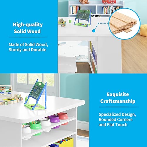 Miniatura 4 de Mjkone Mesa de arte para niños y 2 sillas juegos de mesa de dibujo y pintura para niños mesa de manualidades con estantes de almacenamiento de