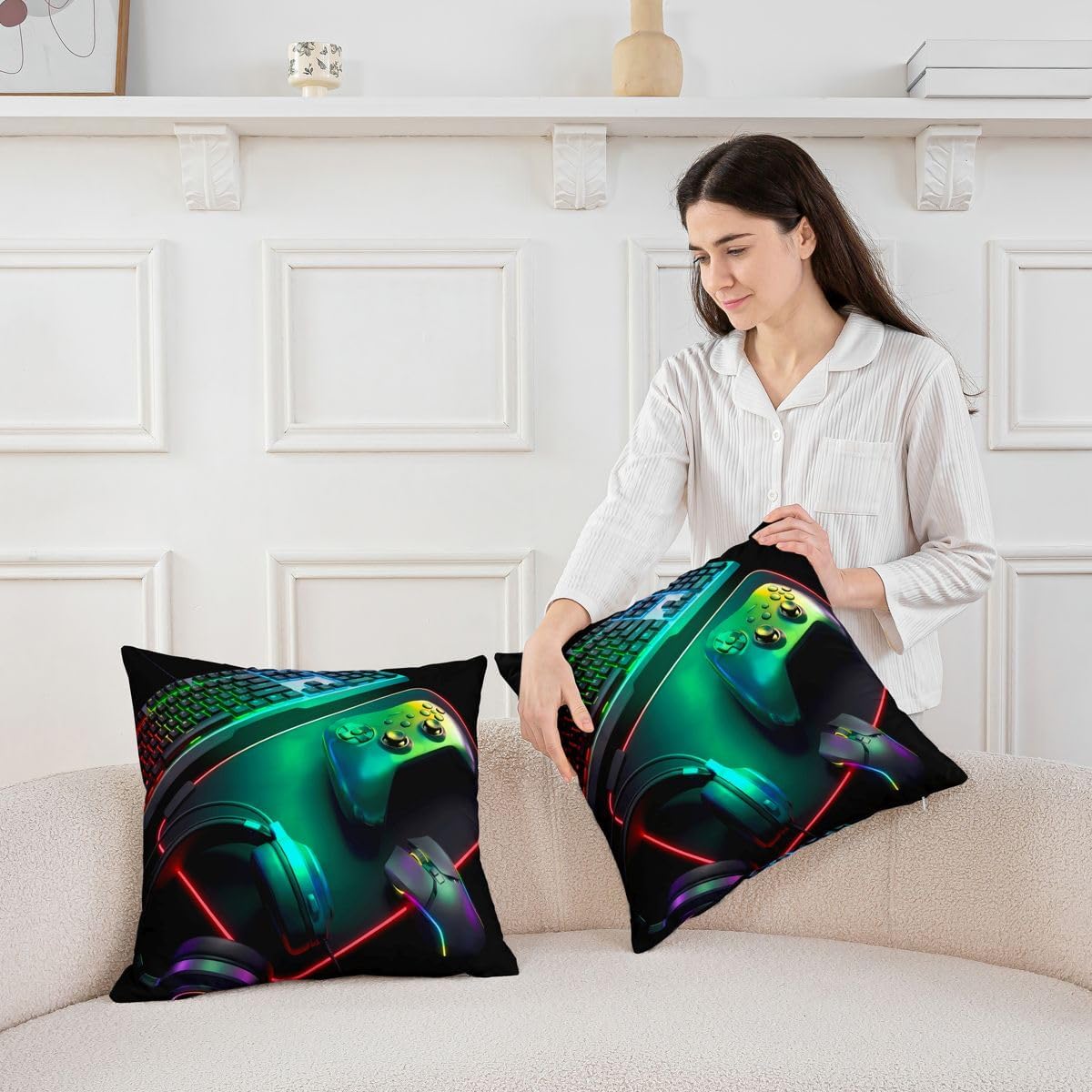 Feelyou Gamer Throw Pillow Covers Set of 2 Gaming Square Cushion Covers Game Room Decor Pillow Case Gamepad Cushion Case for Couch Sofa Green Blue Bedroom Decor 24 x 24-Inch image 4