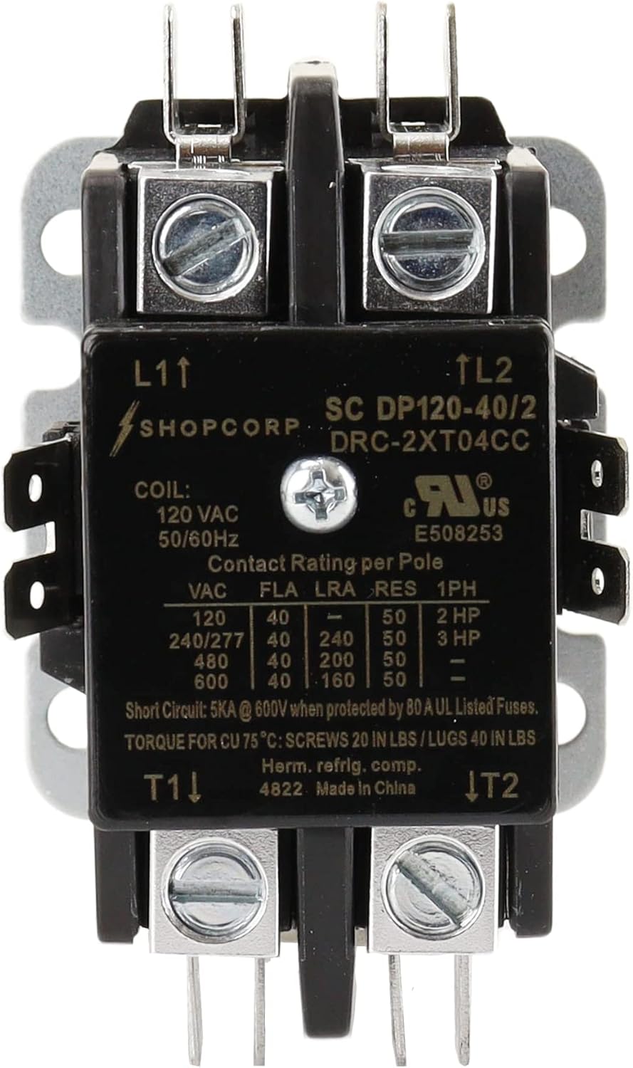 2 Pole 40 Amp AC Contactor 110/120VAC Coil Definite Purpose Magnetic Contactor for Motor Load, HVAC, Refrigeration and Heat Pump. UL Listed 10pck