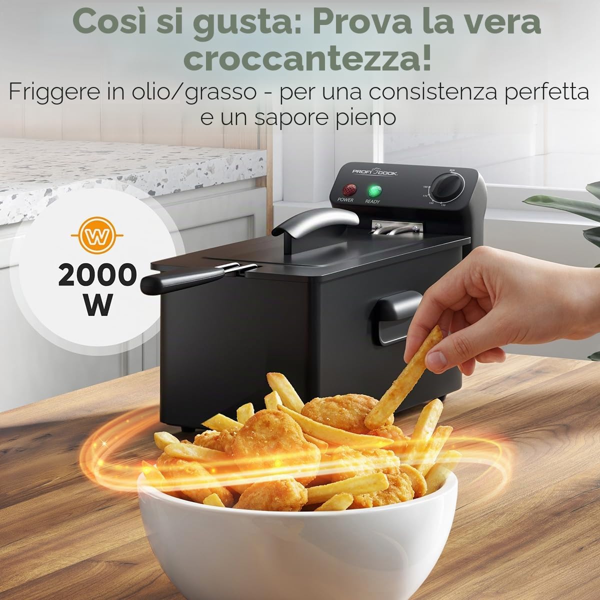 Friggitrice ProfiCook con grasso | 130-190 °C | Friggitrice con olio | 2000 W | 3 l | Coperchio antispruzzo | Friggitrice con zona fredda | Completamente smontabile | PC FR 1325 nero