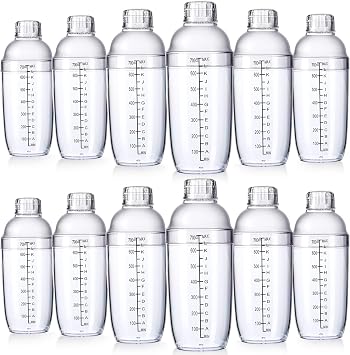 Lallisa 12 Pcs Plastic Cocktail Shaker Drink Mixer with Scales and Strainer Top Clear Shaker Cup with Measurement Plastic Mixing Tool for Tea Coffee Bubble Tea Milk700 Cc/ 24 oz