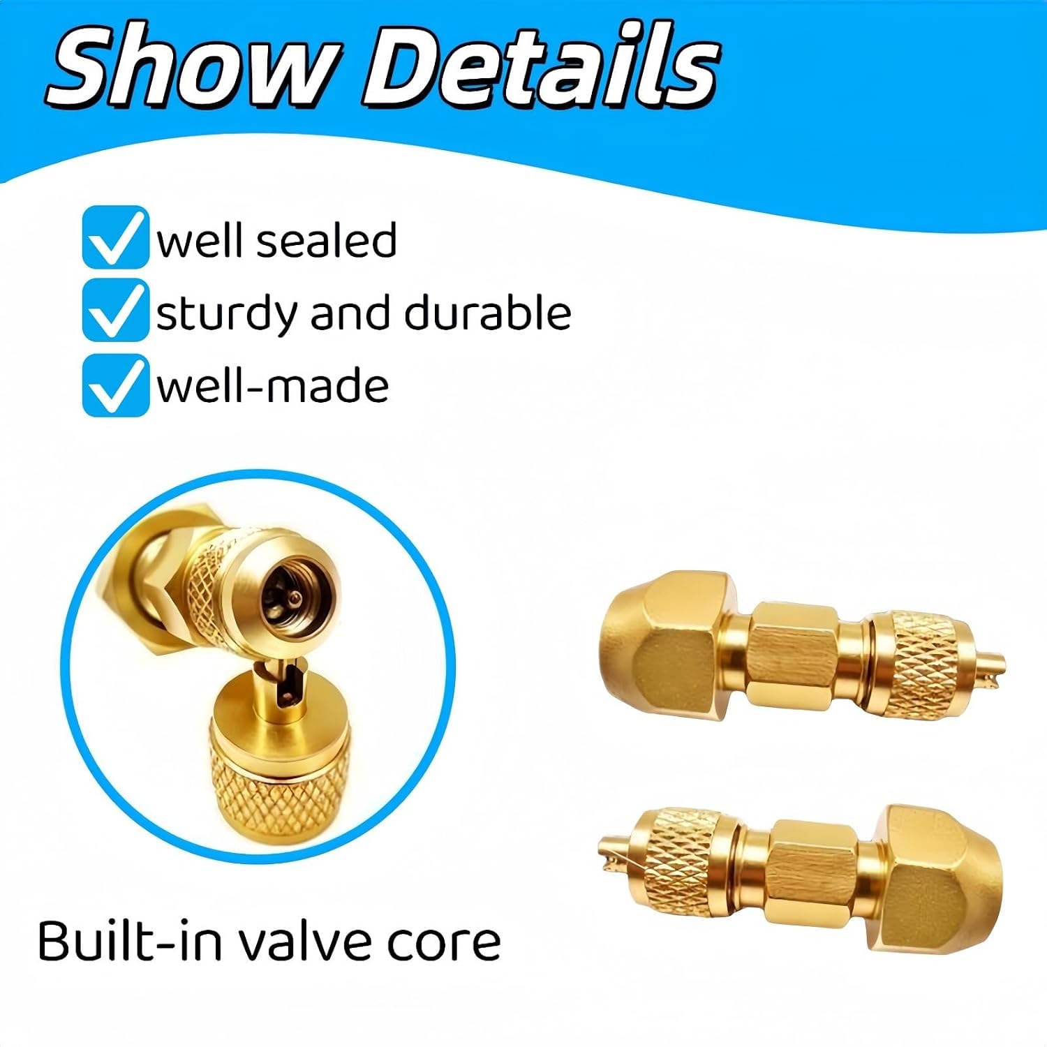 1/4" 1/8" SAE to 7/16" Brass Refrigerant Charging Adapter Built-in Valve Core Leakproof for HVAC AC Refrigeration Pipe Fitting(10pcs,1/8nich)