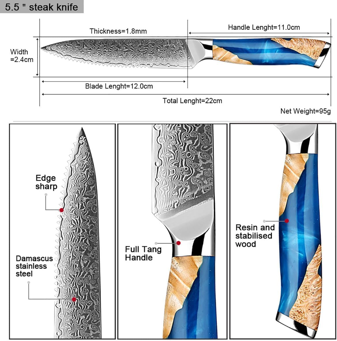 Damascus Steel Steak Knife, Resin Wood Handle, Stainless Steel Western Style Steak Knives of 4, Kitchen Serrated Set Knife Slicing & Cutting