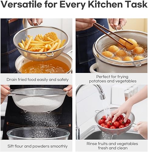 Miniatura 3 de Colador de malla fina de 8 pulgadas con asa, coladores de acero inoxidable, perfecto para tamizar, colar, drenar y enjuagar verduras, pastas
