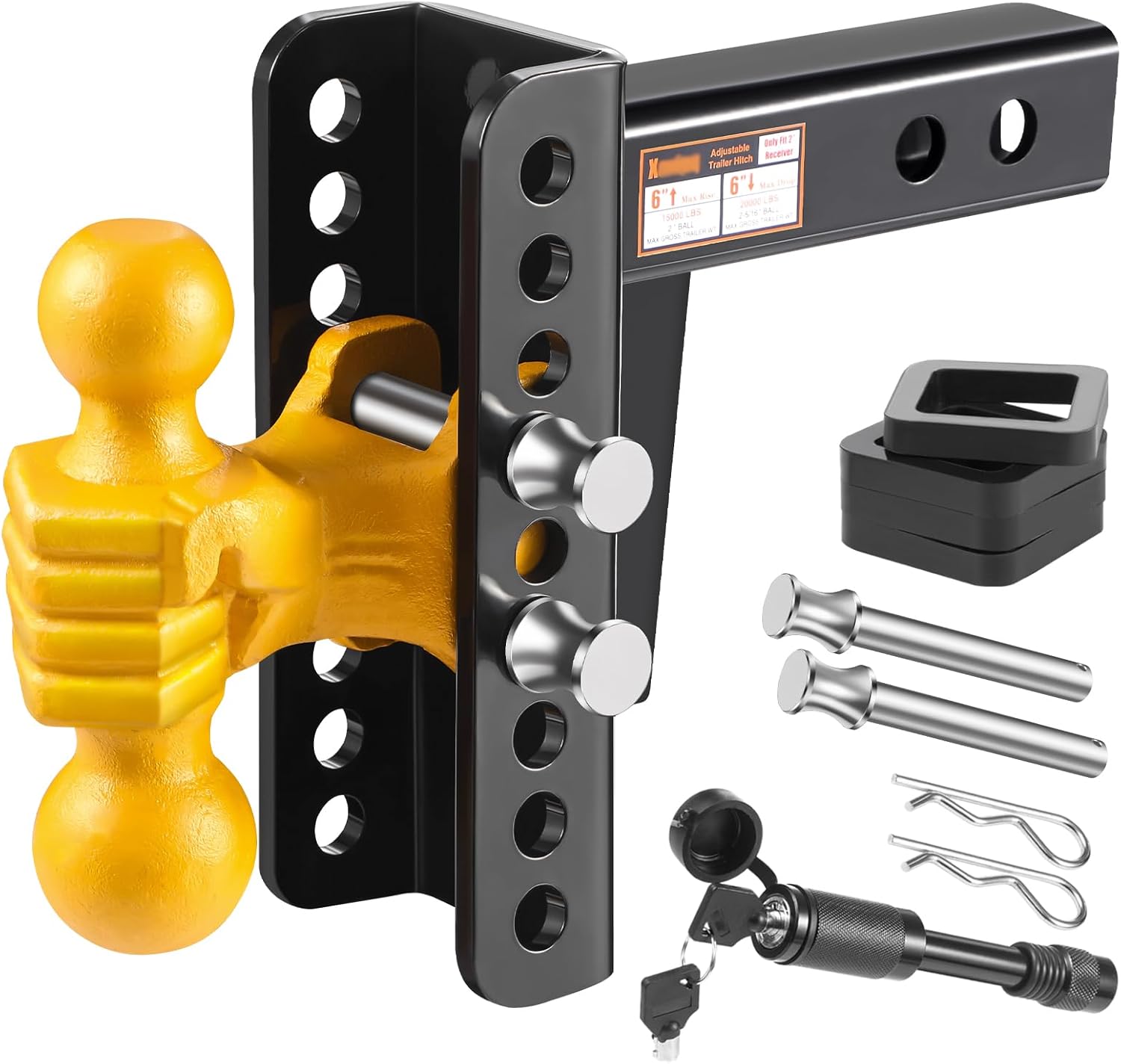 Adjustable Trailer Hitch, Adjustable Drop Hitch 2 inch Receiver, 20000 LBS GTW, 2'' & 2-5/16'' Ball Hitch, 6'' Drop/Rise, Tow Hitchs for Trucks, RV, Camper (Style 2 - Fist, 2" Receiver 6" Drop)