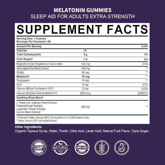 Melatonin Gummies 10mg 20mg for Adults, Melatonin 10 mg per Gummy with Ashwagandha, Magnesium Glycinate, GABA, L-theanine, Valerian Root and Lemon Balm, Rest Support Supplement, Grape Flavor, 60 Cts