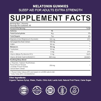 Melatonin Gummies 10mg 20mg for Adults, Melatonin 10 mg per Gummy with Ashwagandha, Magnesium Glycinate, GABA, L-theanine, Valerian Root and Lemon Balm, Rest Support Supplement, Grape Flavor, 60 Cts