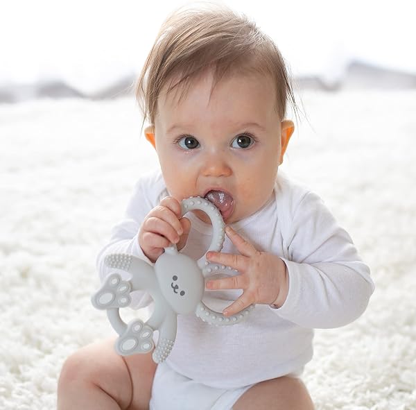 Dr. Brown's Flexees Teether, Gray Bunny, Soft 100% Silicone Baby Teether, BPA Free, 3m+, 1 Pack - 4