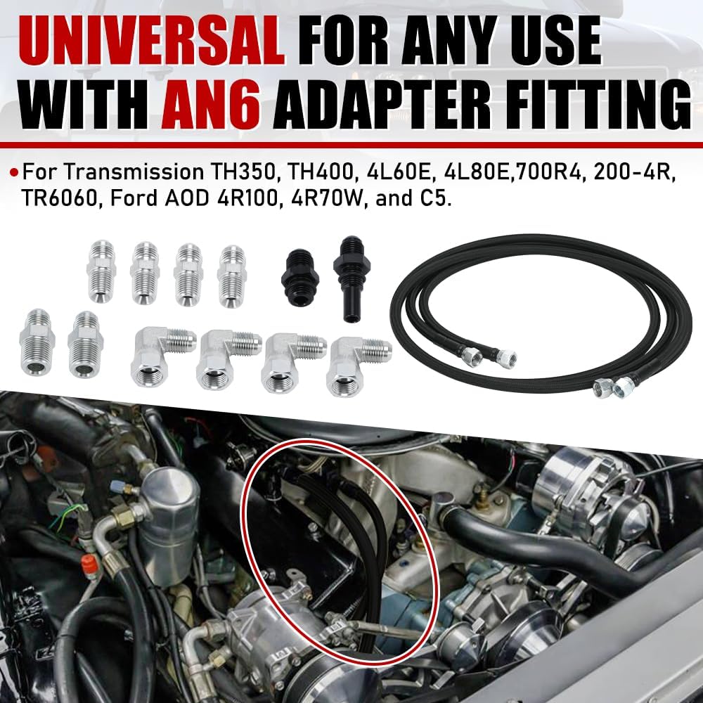 6AN 70" Transmission Fluid Oil Cooler Hose Line kit for GM Chevy Transmission 4L80E TH350 TH400 4L60E 700R4 200-4R TR6060 Ford AOD 4R100 4R70W and C5 Stainless Steel Braided PTFE Hose