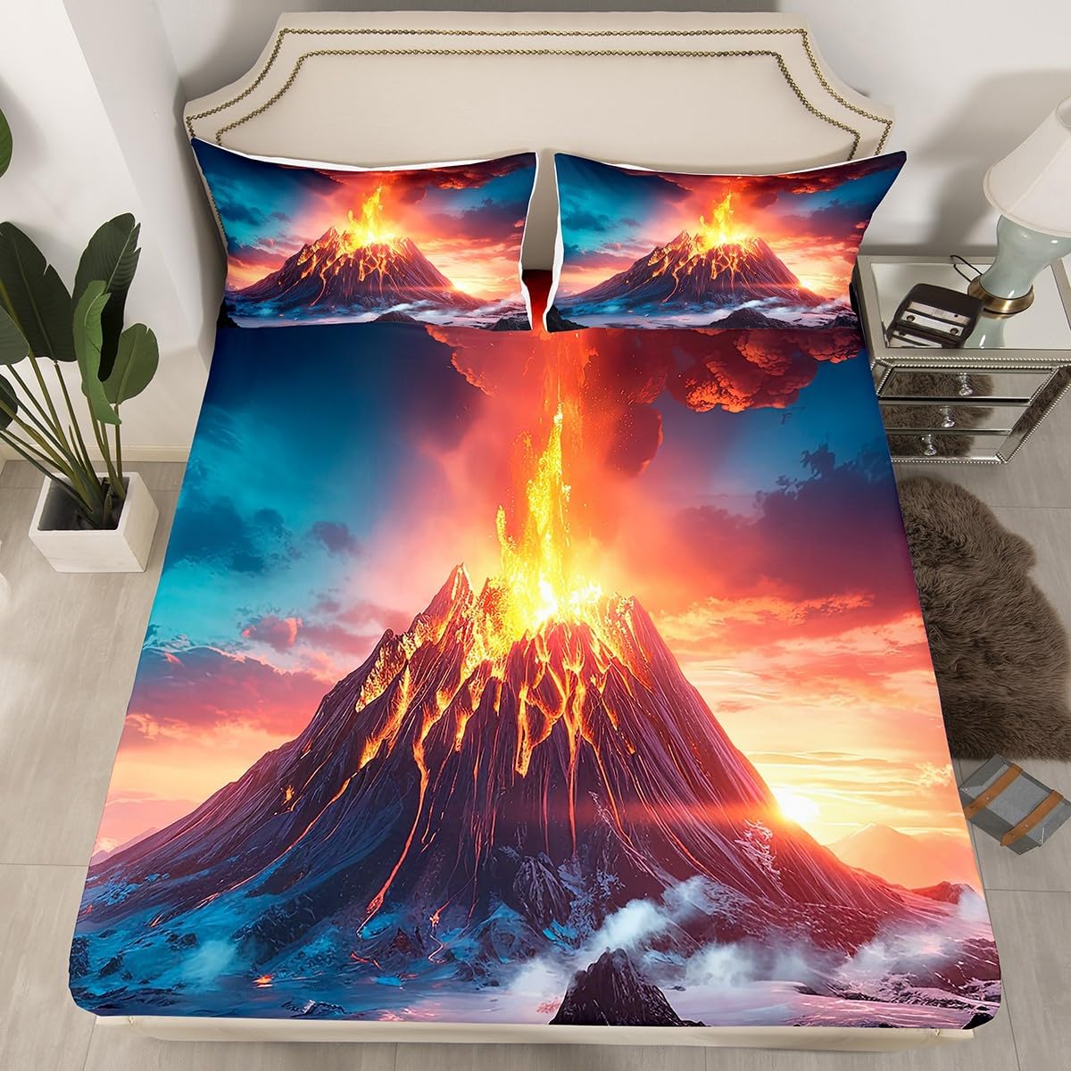 Erosebridal Volcanic Eruption Sheet Set Yellow Flame Fitted Sheet Twin Size,Natural Disaster Mountain Bed Sheets Gothic Nature Top Sheet Volcano Bedroom Decor,Orange Blue