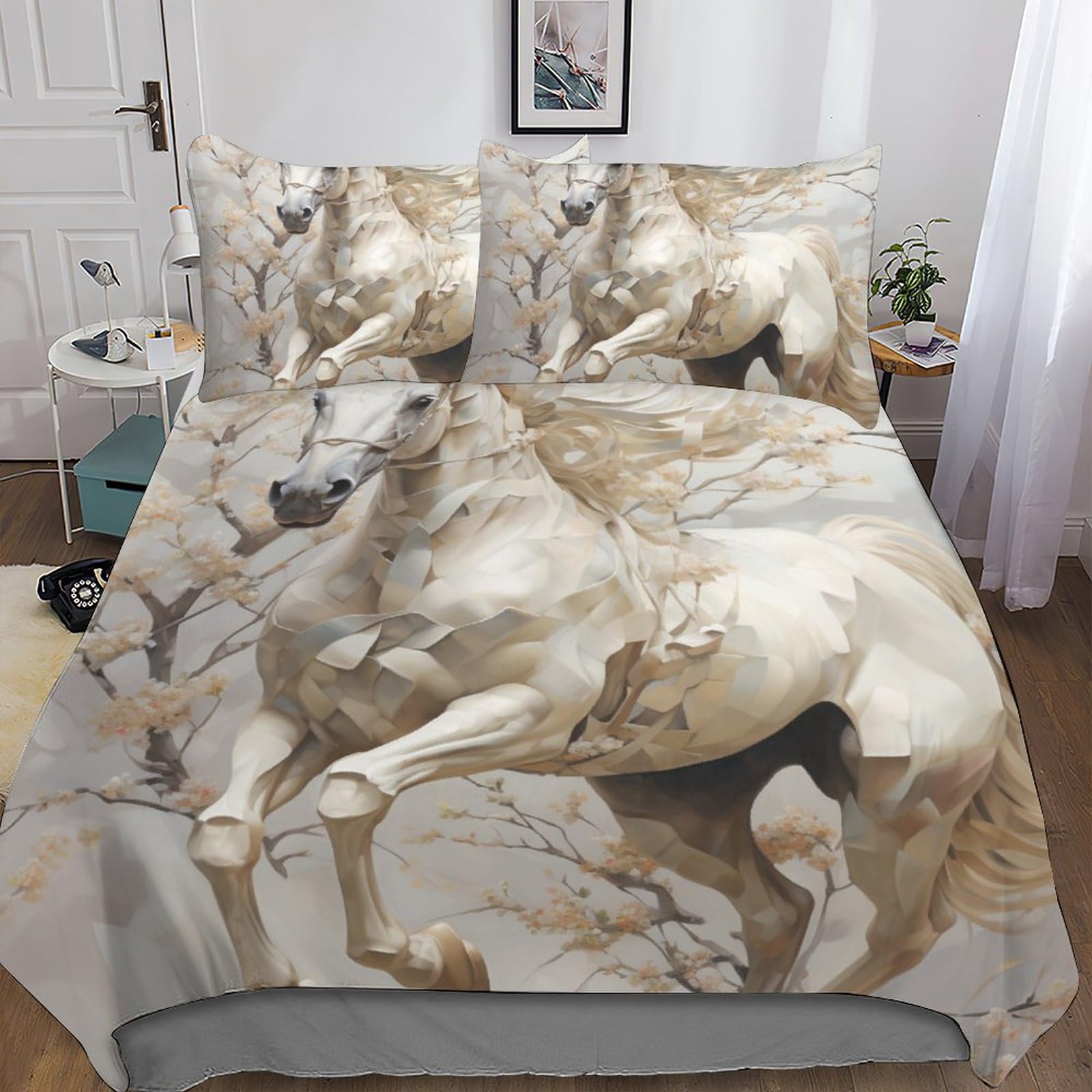 Housse de couette cheval blanc 200x200cm avec 2 taies d'oreiller pour lit double
