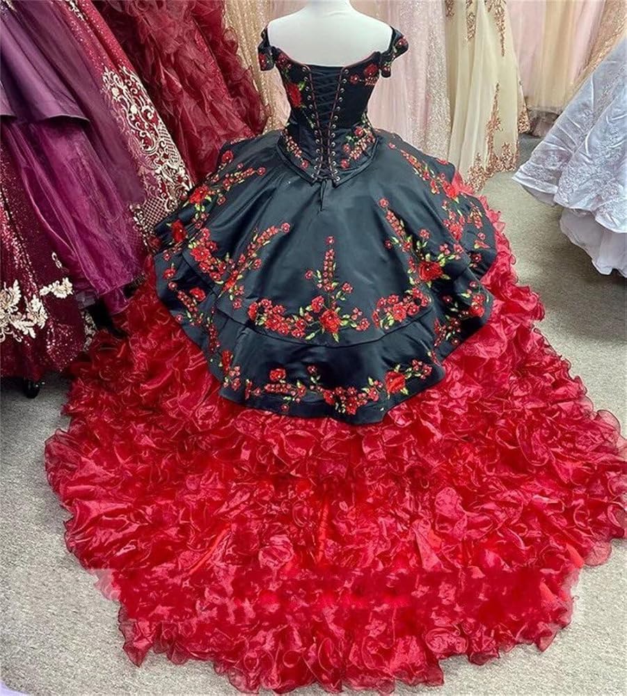 fitted lace wedding dress Amazon.com: Charro Quinceanera Dresses Off The Shoulder Floral Embroidered  Applique Beaded Ball Gowns Puffy Black/Red 2: Clothing, Shoes & Jewelry